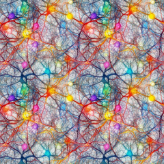 Neuron cells with multicolored glowing link knots in light space. AI generative illustration.