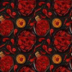 Sundried or dried tomato halves and chilli red peppers, top view. AI generative illustration.