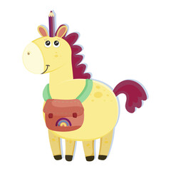 Funny unicorn or pony with pencil on a head. Cute cartoon animal for study English at school. Happy little horse zoo pupil character sticker for print. Colorful flat vector illustration