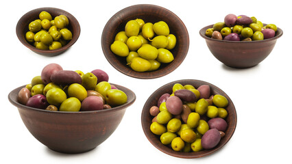 Olives in ceramic brown bowl isolated on white
