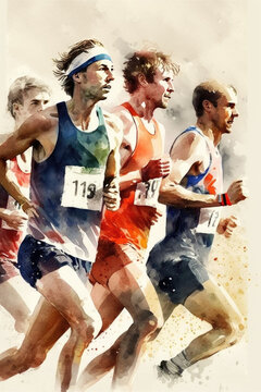 Athletes runners, watercolor illustration, created with Generative AI technology.