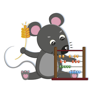 Funny little mouse learning mathematics on abacus. Cute cartoon animal for study English at school. Happy clever mouse child, kid sticker. Pupil character for print. Colorful flat vector illustration