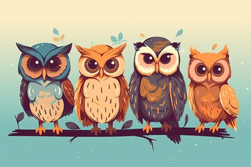 A collection of cartoon owl characters sitting on a branch. Isolated in the background. Generative AI illustration.