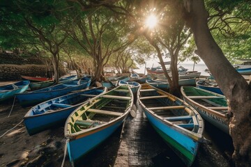 Fototapeta na wymiar Boats on the Island of Love in Alter do Chão. Generative AI