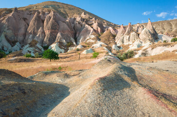 Cappadocia landscape, solid rock with gentle curves in the foreground, conical and mushroom rock formations on hillside, Nature of Turkey Goreme National Park semi-desert area with sparse vegetation