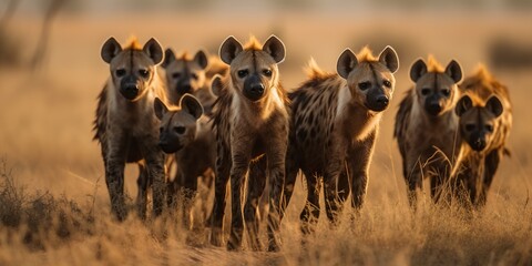 A pack of hyenas hunting together in the savanna, concept of Predator-prey dynamics, created with Generative AI technology - obrazy, fototapety, plakaty