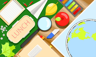 Home or school workplace with desk, stationery items. Student accessories on table, globe, lunch, notebook, paper plane, stickers, apple. Cartoon poster back to school concept. Vector illustration