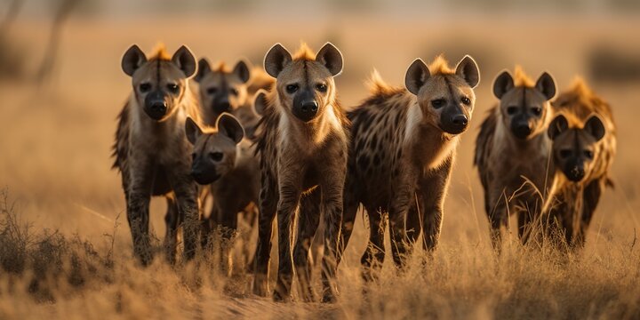 A pack of hyenas hunting together in the savanna, concept of Predator-prey dynamics, created with Generative AI technology
