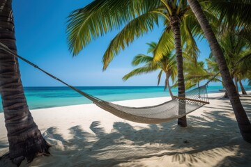 Tropical sandy beach, summer holidays, turquoise ocean water and hammock on palm trees, Generative AI