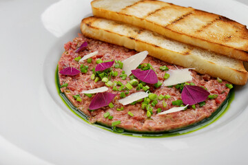 Meat tartar, with green onions, and bread toast, on a plate