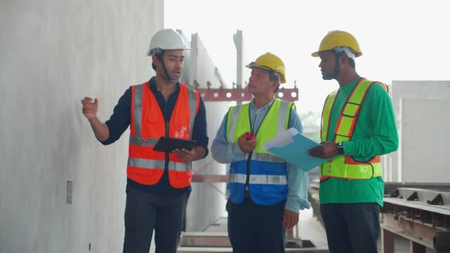 Team young foreman and worker meeting and examining produce precast walls while looking digital tablet in factory industrial, manager and labor check quality of cement wall, industry concept.