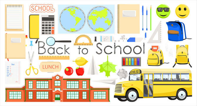 Set of school item icons. Cartoon objects and supplies include: notebook, backpack, globe map, lunch box, school bus, ruler, building, apple. Education and study at school concept. Vector illustration