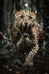 Naklejka premium Wild Leopard panthera roaring aggressively. Jungle forest running generative ai