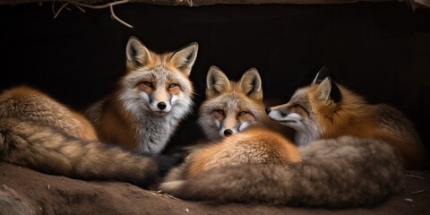 A pack of red foxes cuddled up together in their cozy den, concept of Familial bonding, created with Generative AI technology