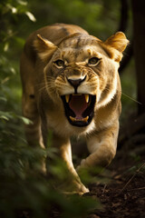Obraz premium Wild lion roaring aggressively. Jungle forest savannah running generative ai