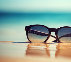 Fototapeta na wymiar Pair of sunglasses on the sand on a sunny beach ocean background. A.I. generated.