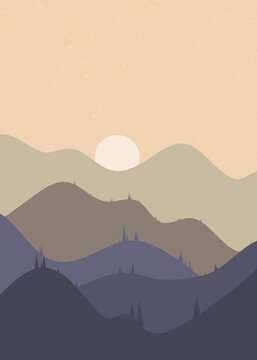 Beautiful landscape. Flat style. Colorful hills and mountains scenery background design. Vector illustration. Suitable for landing pages, web, wall painting and posters.