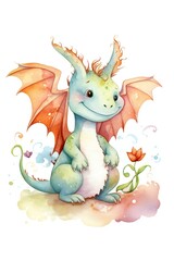 Naklejka premium cute friendly watercolor dragon illustration, Generative AI. 