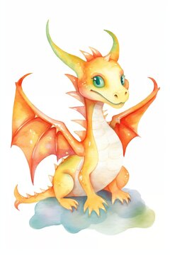 cute friendly watercolor dragon illustration, Generative AI. 