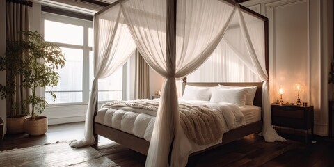 A bedroom with a luxurious canopy bed and fluffy white duvet, concept of Comfortable retreat, created with Generative AI technology