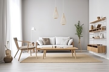 Minimal white style living room interior,Scandinavian influence modern living room interior background, Ai Generative
