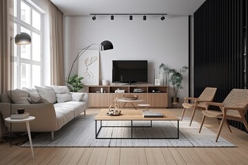 Minimal white style living room interior,Scandinavian influence modern living room interior background, Ai Generative