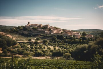 Chateauneuf de Pape village, vineyards, countryside and landscape in Provence, Vaucluse, France. Generative AI - obrazy, fototapety, plakaty