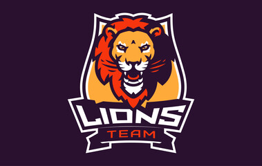 Sports logo with lion mascot. Colorful sport emblem with lion, leo mascot and bold font on shield background. Logo for esport team, athletic club, college team. Isolated vector illustration