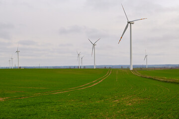 Windmills for electric power production surrounded by agricultural fields in Polish country side