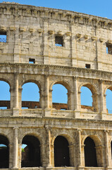 Section of, Roman Colosseum, ruins, against a clear, blue sky, in April