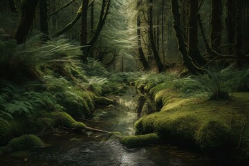 Tranquil brook in verdant woods with larches and moss. Generative AI - obrazy, fototapety, plakaty
