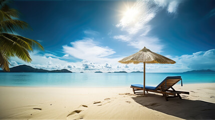 Fototapeta na wymiar Tropical paradise beach with a sun-lounger facing the blue sea