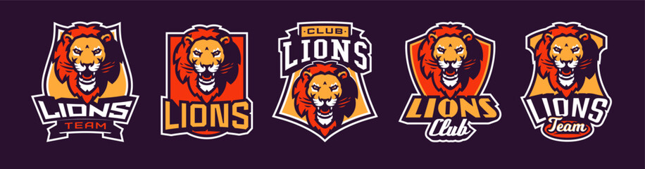 Set of sports logos with lion mascots. Colorful collection sports emblem with lion mascot and bold font on shield background. Logo for esport team, athletic club. Isolated vector illustration