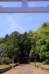 Obraz premium 諏訪神社、諏訪、神社、すわ、日本、佐原、さわら、空、鳥居、白、空、青空、階段、建物、参道、灯篭、