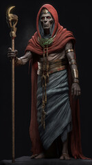a zombie Egyptian sorcerer wearing a cape and holding a staff. magic, terror, mystery, creature.