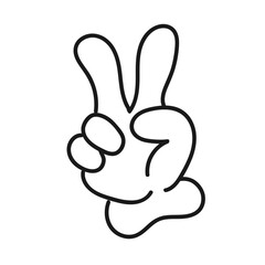 Victory sign with fingers. Cartoon hand in white glove. Index and middle fingers up. Cheerful gesture V