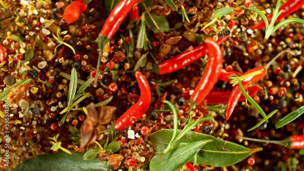 Poster super slow motion of rotating spices mix on black background. filmed on high speed cinema camera, 10