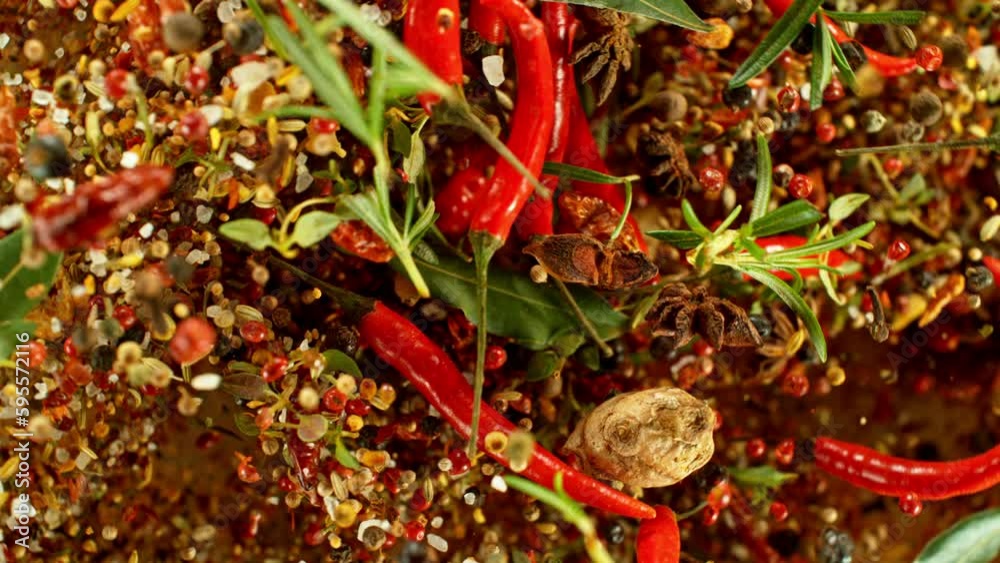 Poster super slow motion of rotating spices mix on black background. filmed on high speed cinema camera, 10