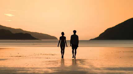 Silhouette of Young Couple Walking on a Beach at Sunset, A Perfect Romantic Getaway, Generative AI