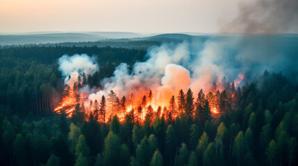 Fototapeta premium A Catastrophic Natural Disaster: Aerial View of a Wildfire Ravaging a Forest, Generative AI