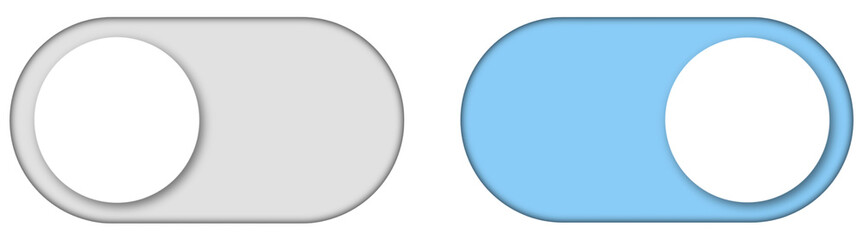 On off toggle button switch in transparent background.On off switch icons. Light blue toggle switch for website, mobile app, settings, interface.