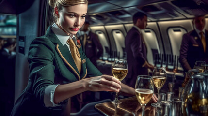 Stewardess pours champagne into glasses. Serving on board aircraft during flight in business class. Generative AI.