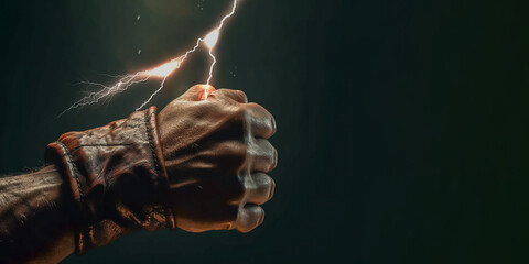 Man's hand with lightning in his fist on dark background. Banner, copy space. Generative AI. High quality illustration