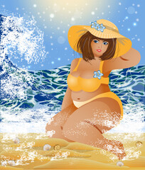 Plus size woman in bikini on the summer beach, vector illustration