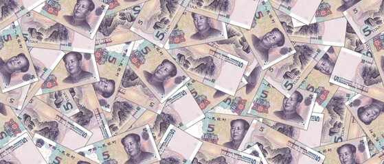 Financial illustration. Wide seamless pattern. Randomly scattered Chinese paper banknotes, denomination of 5 yuan.