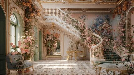 Fototapeta premium abstract interior decorated with flowers. generative AI