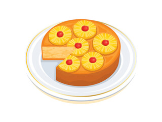 Pineapple Upside-Down Cake vector illustration. Sliced pineapple fruit cake on a plate icon vector isolated on a white background. Pineapple Upside Down Cake drawing