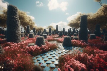 A 3D illustration of a garden maze with chess pieces, red-flowered trees, and clouds in the sky, inspired by Alice in Wonderland. Generative AI