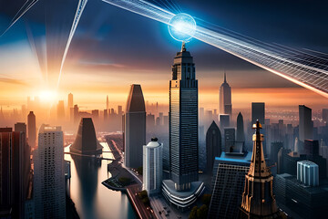 A scene depicting the connections between the city center and towering skyscrapers at dusk portrays a modern age.