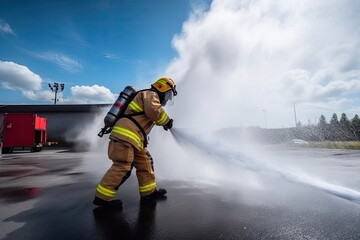 Firefighter training in fire, using fire hose chemical water foam spray engine, big fire background